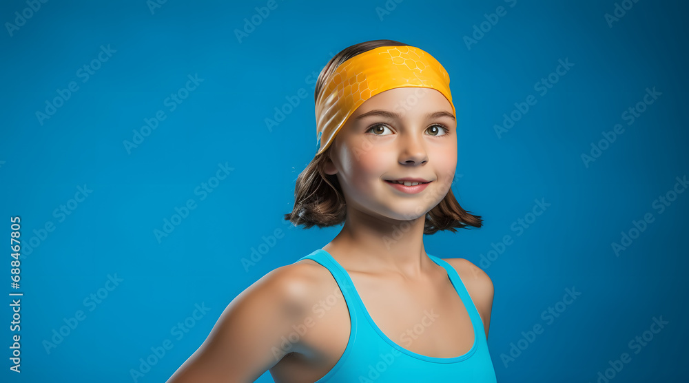 Girl in a retro swimsuit and swimming cap on a blue background Girl in a retro swimsuit and swimming cap on a blue background