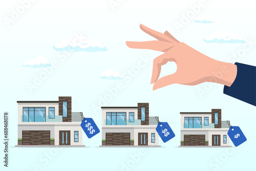 Businessman hand wisely think to picking different variant houses with price tag, house or mortgage affordability calculation, picking new home base on budget, income or lifestyle (Vector) photo