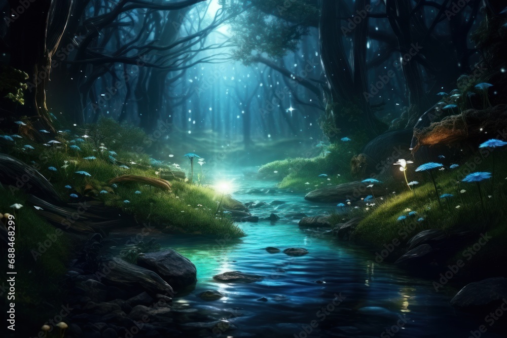 Enchanting scene: a calm stream meanders through a fairytale forest, aglow with magical lights in the mystical night air.