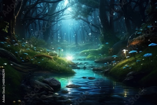 Enchanting scene: a calm stream meanders through a fairytale forest, aglow with magical lights in the mystical night air. © ProPhotos