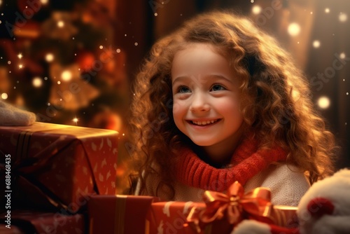 Joyful girl with curly hair enjoys Christmas, surrounded by gifts, warm holiday decor