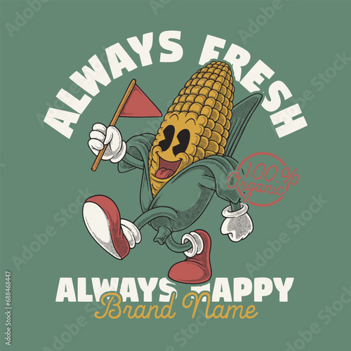 retro cartoon emblem of happy corn holding a flag