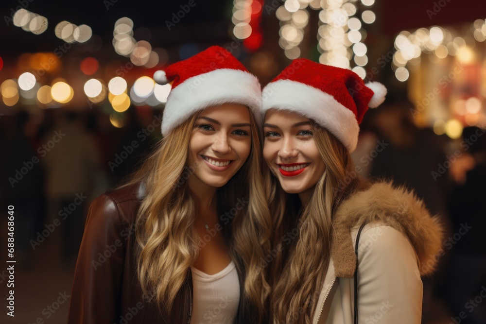 Two cheerful blonde girls in red Santa hats with smiles on their faces against the backdrop of holiday lights. Two cheerful blonde girls in red Santa hats with smiles on their faces against the backdrop of holiday lights.