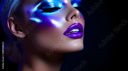 Metallic silver lip and face woman in colorful bright neon uv blue and purple lights