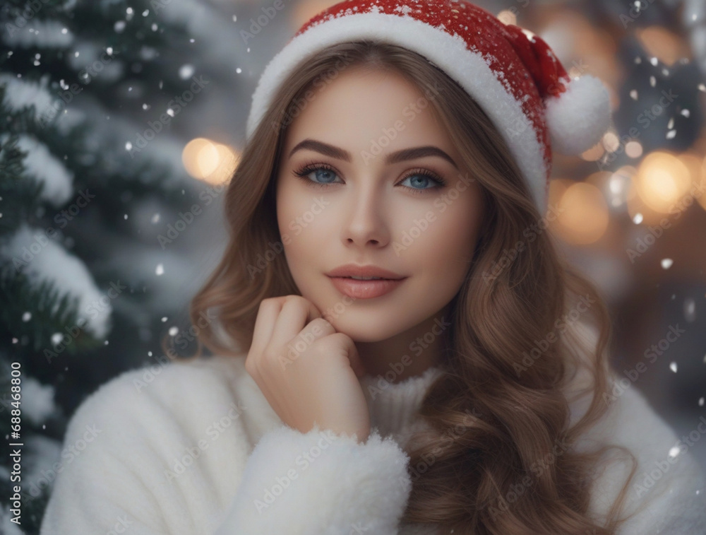 beautiful woman with a Christmas tree in the background beautiful woman with a Christmas tree in the background
