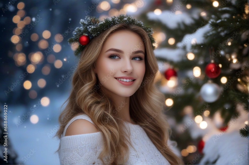 beautiful woman with a Christmas tree in the background beautiful woman with a Christmas tree in the background