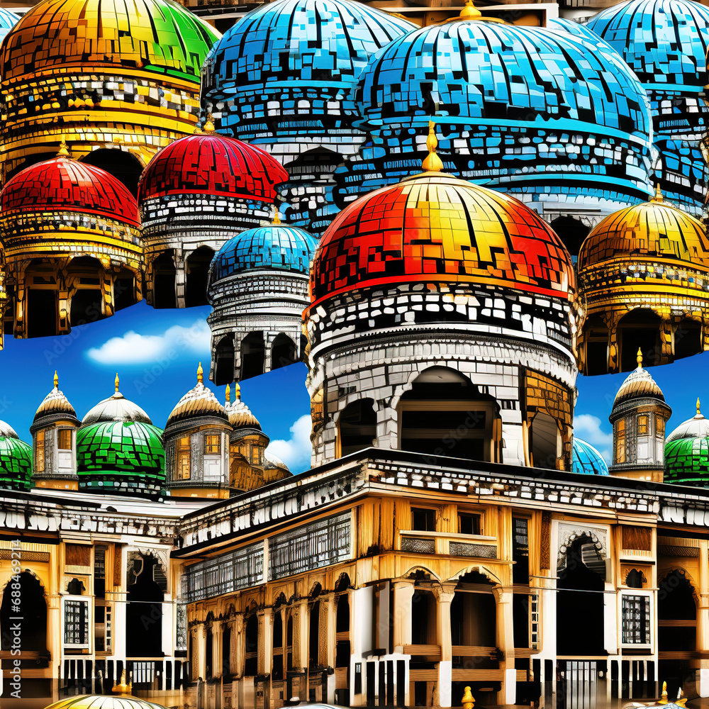 Fototapeta premium Colorful abstract Islam, muslim, retro minimal repeat pattern in the style of trippy psychedelic cubism pop art
