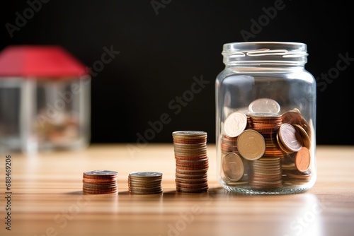 miniature bank with coins stacks jar
