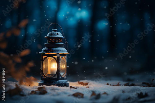 lantern on snow at night in forest with blurred winter background