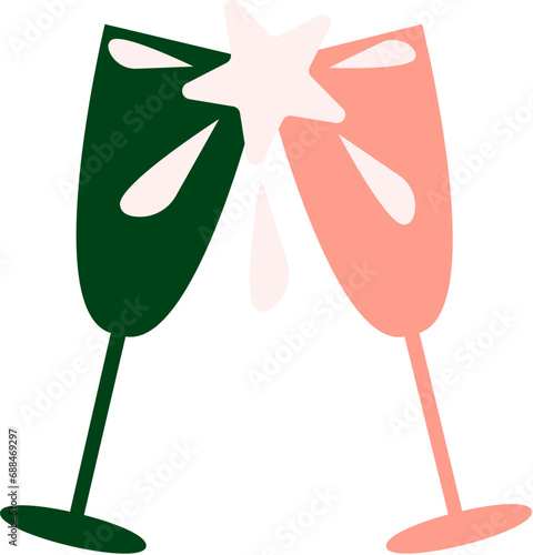 Crystal glasses champagne. Red Green flat design element. Pop art champagne glasses holiday icon. Christmas event element. Simple flat vector icon isolated on white background