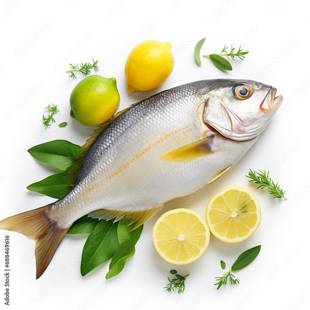 Fresh fish with lemon isolated on white, ai technology