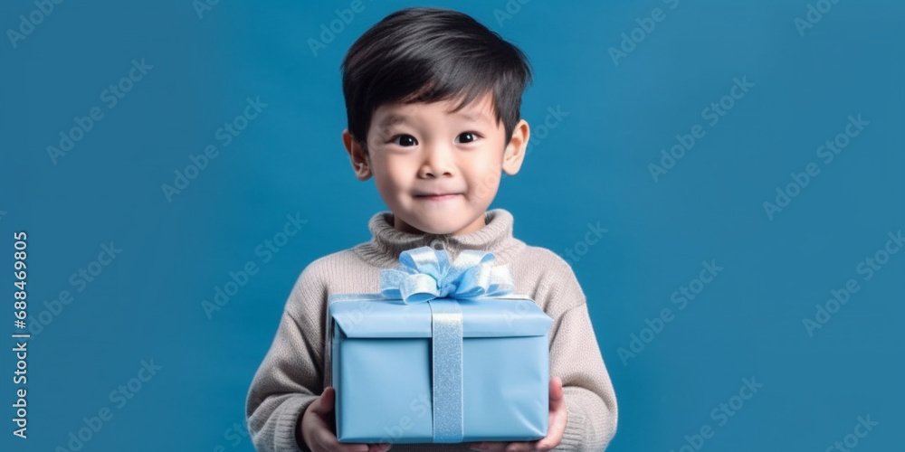A nice young chinese boy happily surprised with a gift in his hands with a blue background