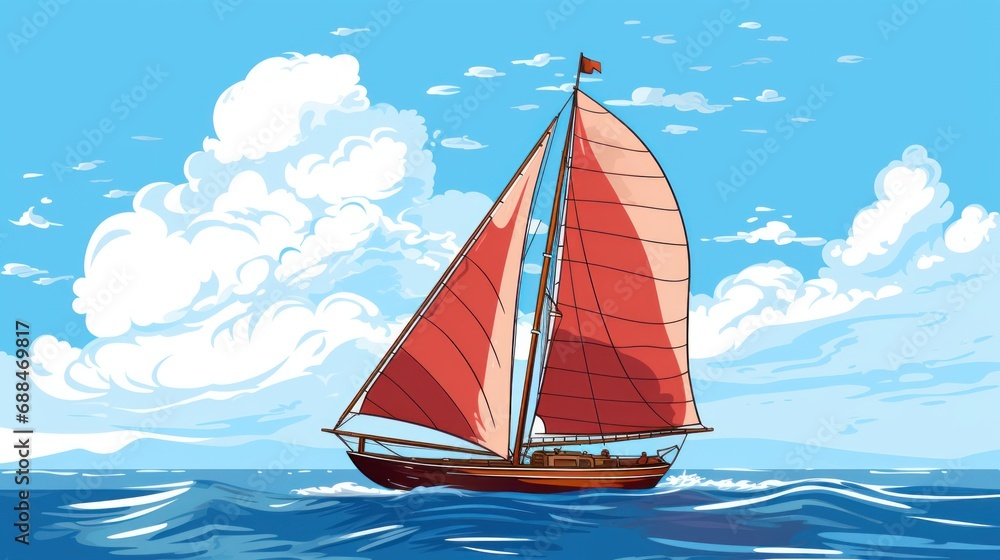 Maritime masterpiece: a hand-drawn depiction of a small boat with billowing sails on the vast sea.