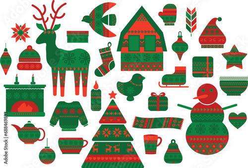 Norwegian green red hand made pattern style Xmas items collection. Winter Christmastime symbols. Festive New Year vector icons isolated on white background for decoration of holiday design