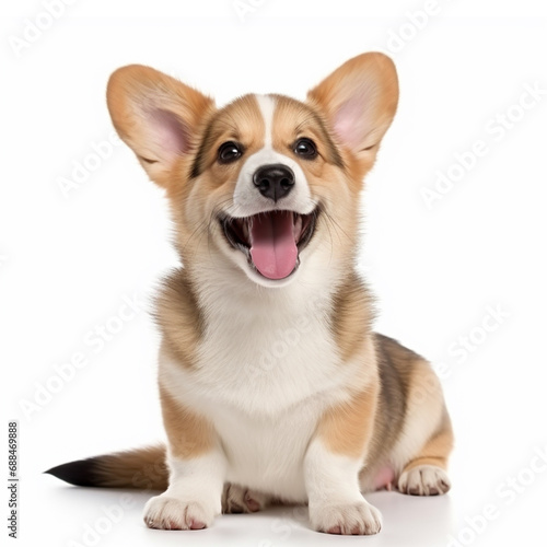 happy Puppy Welsh Corgi 14 Weeks old, dog winking, panting and sitting isolated on white, ai technology