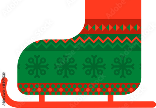 Vintage shoe skates with Norwegian national holiday pattern in red and green colors. Shoe skates in handmade knitted ornate style. Simple flat vector isolated on white background