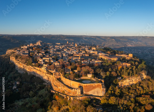 drone view of the historic clifftop city of Orvieto in Italy at sunrise