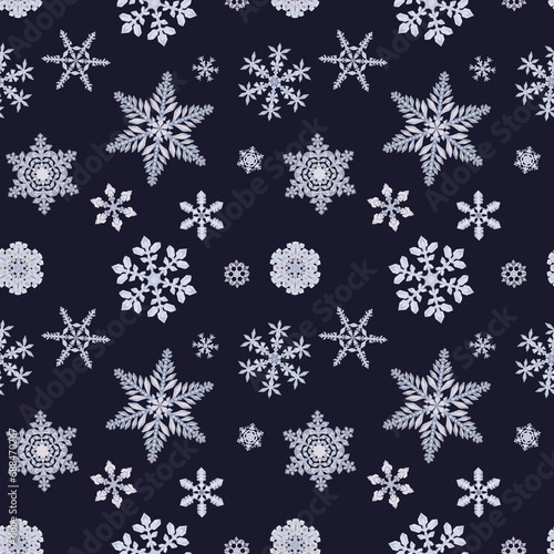 Hand drawn watercolor snowflakes, blue silver water ice crystals frozen in winter. Illustration isolated seamless pattern, dark background. Design for holiday poster, print, website, card, invitation