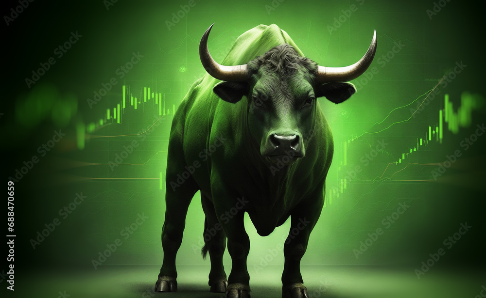 Running bull of bullish market conditions with an upward-trending graph and a background in green, indicating a rising stock price Running bull of bullish market conditions with an upward-trending graph and a background in green, indicating a rising stock price
