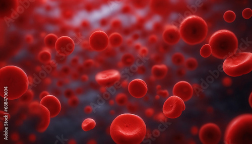 3d rendering of red blood cells flowing through a vein with depth of field on dark dark background