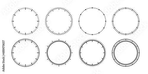 Blank mechanical clock face divided into seconds and minutes. Round meter scale. Watch dial. Timer template. Simple clock face. Vector illustration on white background.