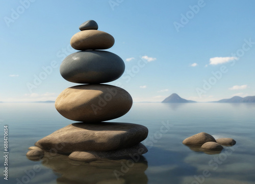 3d rendering of zen pebble stones gracefully balanced on the water s surface