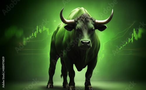 Running bull of bullish market conditions with an upward-trending graph and a background in green, indicating a rising stock price