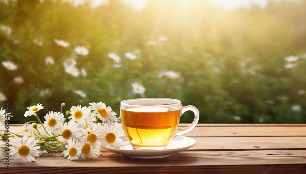 Drinking tea on a wooden table in the sunlight with fresh flowers, in the style of shaped canvas Drinking tea on a wooden table in the sunlight with fresh flowers, in the style of shaped canvas