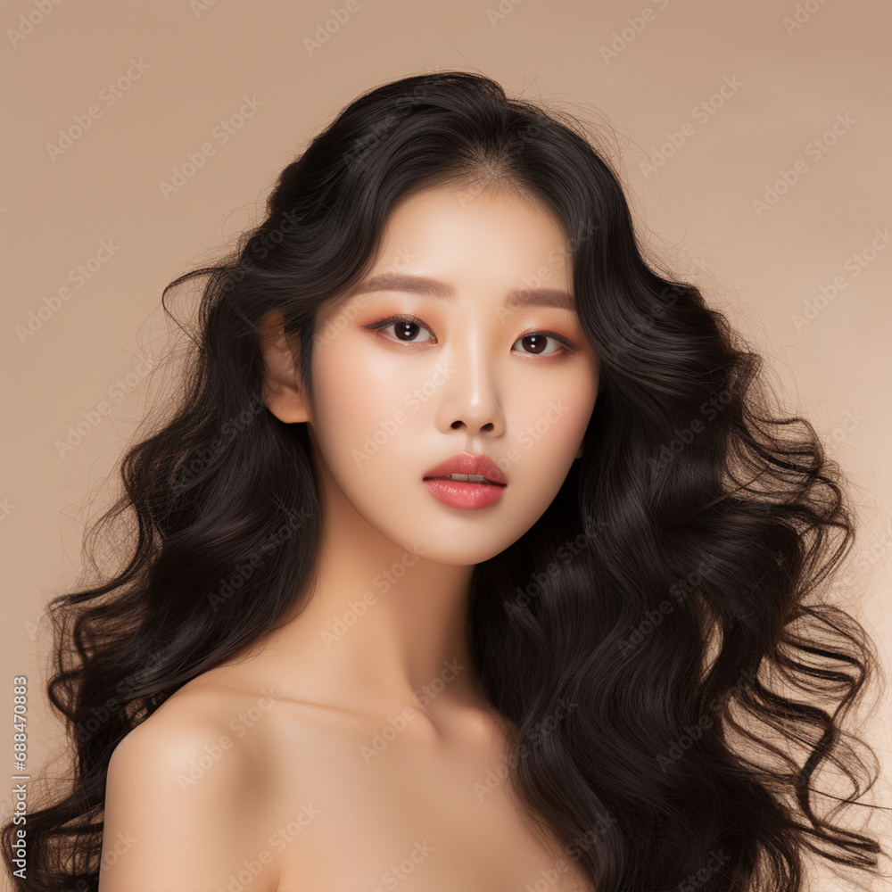 Naklejka premium Young Asian beauty woman curly long hair with korean makeup style touch her face and perfect skin on isolated beige background, ai technology