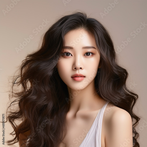 Young Asian beauty woman curly long hair with korean makeup style touch her face and perfect skin on isolated beige background, ai technology