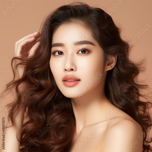 Young Asian beauty woman curly long hair with korean makeup style touch her face and perfect skin on isolated beige background, ai technology