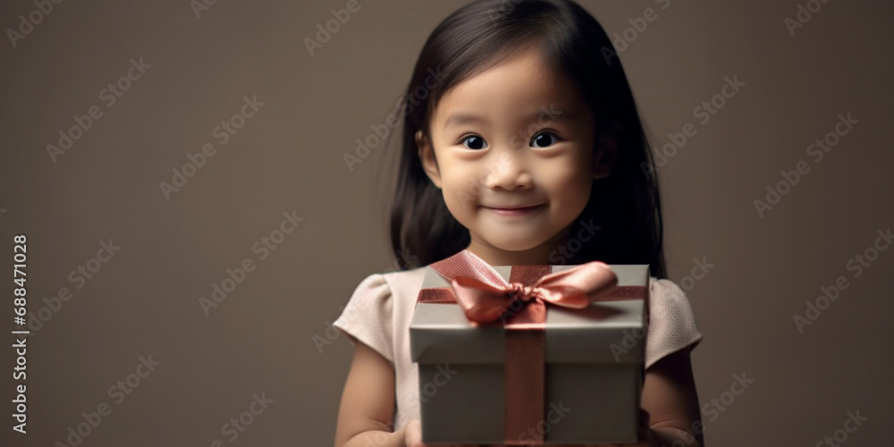 A nice young chinese child girl happily surprised with a gift in her hands with a gray background A nice young chinese child girl happily surprised with a gift in her hands with a gray background