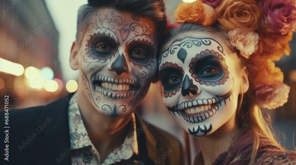 Mardi Gras enchantment: a couple's portrait with sugar skull face paint, a celebration of life and death in festive horror. Mardi Gras enchantment: a couple's portrait with sugar skull face paint, a celebration of life and death in festive horror.