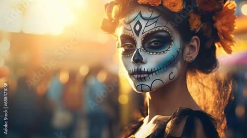Foto Gothic elegance shines in a Mardi Gras portrait-a beautiful girl adorned with sugar skull makeup, a vision of celebration