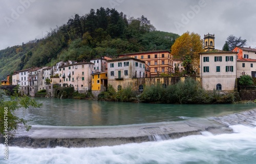 view of Bagni di Lucca village and the river Lima in Tuscany