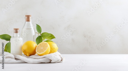 Vinegar, baking soda and lemon on white marble table in kitchen, space for text. Eco friendly natural detergents
