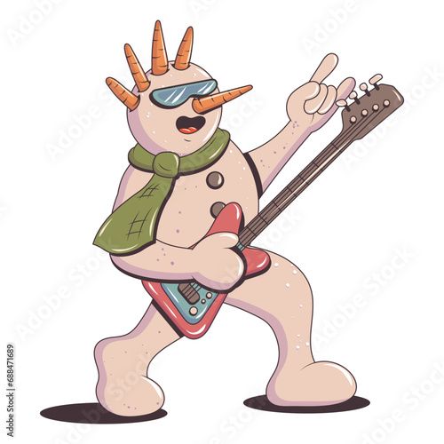 Trendy christmas groovy sticker patch retro cartoon  element. Snowman rock star with a guitar. Vibes 70s. Vector illustration