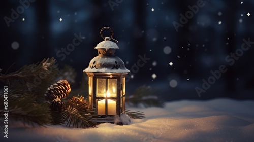 A scene in the evening with a Christmas lantern on snow and a fir branch