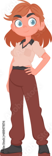 A red haired teenage girl in a beige and brown school uniform. The student is posing. Cartoon vector style.