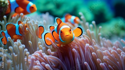 A close-up of a clownfish concealed within an anemone
