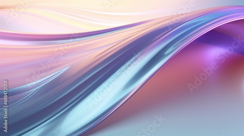 An abstract 3D render featuring a bright gradient wave pattern and iridescent holographic light emitting glass.