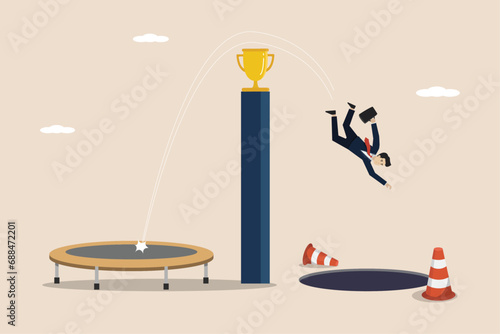 Wrong prediction, business failure, failed entrepreneurial concept, failed prediction concept, businessman miscalculated jumping from a trampoline into a hole.
