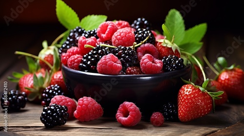 Summer fruit, berries, and a wooden table with a healthy lifestyle concept arranged horizontally.