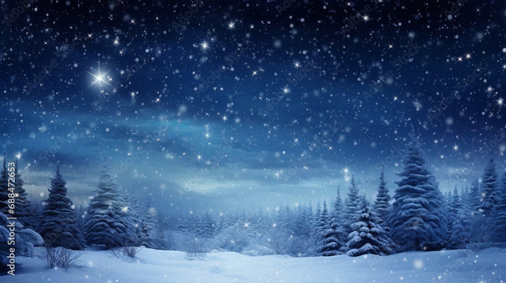 A winter snow scene with Christmas cards and snowflakes falling from the sky