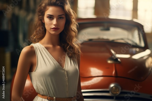 Stylish pose: a pretty woman with curly hair beside a classic car.