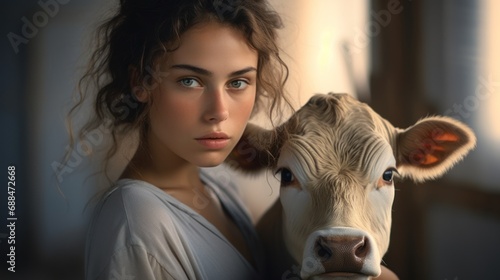 Isolated portrait of an attractive woman with a young calf in a rustic barn setting.