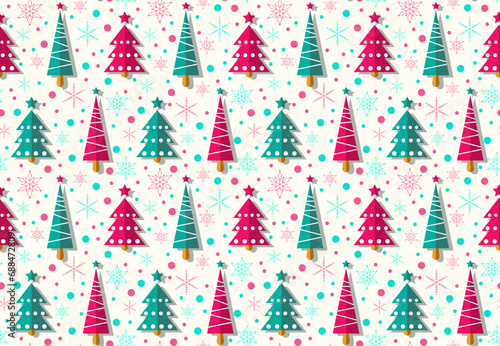 Seamless pattern with Christmas tree snowflake balls and Christmas trees on white background. Design for wallpaper, greeting card, flyer, poster, packaging, wrapping. Vector illustration minimalism 
