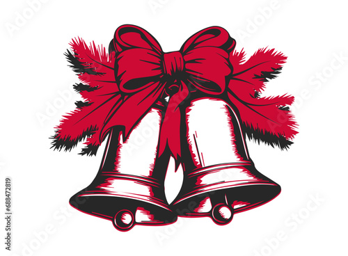 Drawing nativity bells on Christmas tree branch with bow. Isolated design element on white background. Template for greeting card, poster, cover, banner. Vector illustration.  