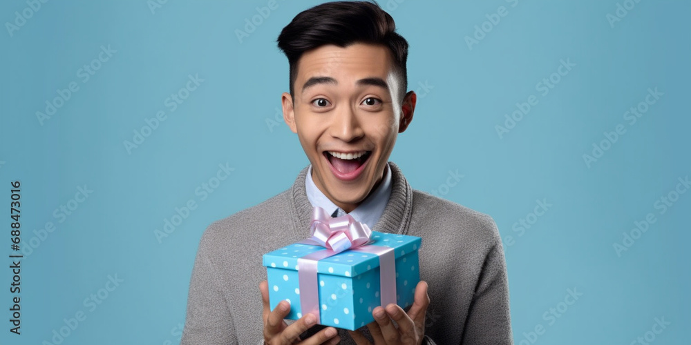 A nice young chinese man happily surprised with a gift in his hands with a blue background A nice young chinese man happily surprised with a gift in his hands with a blue background