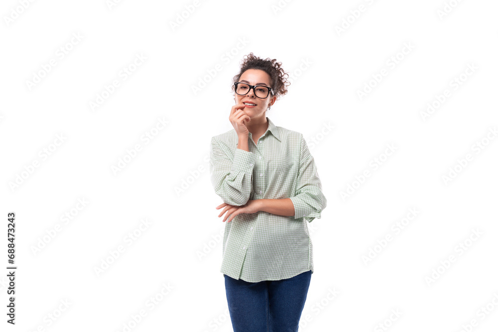young pretty secretary woman with curly hair dressed in a shirt on a white background young pretty secretary woman with curly hair dressed in a shirt on a white background